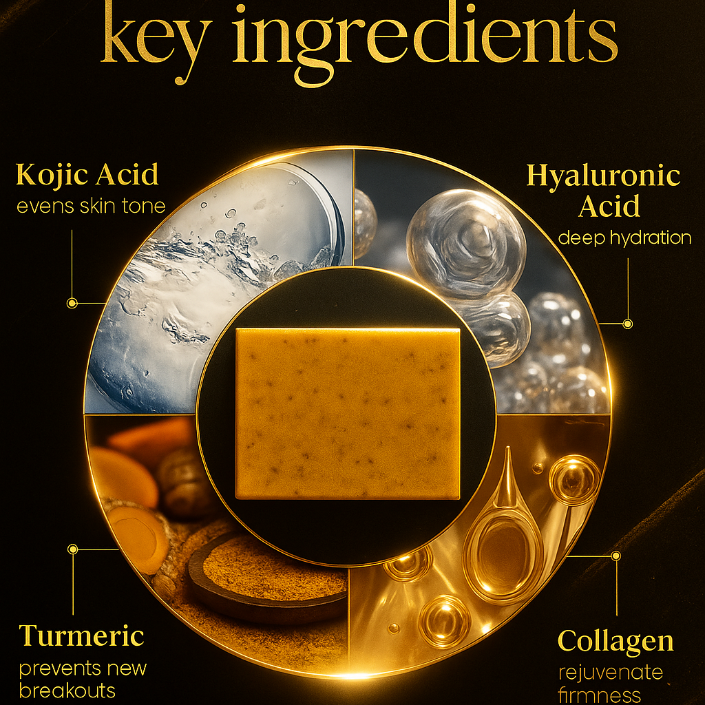 Alisanda™ soap : Rich in Vitamin C, retinol, collagen, and turmeric—a Japanese-made complex formula, fortified with hyaluronic acid and Vitamin E.